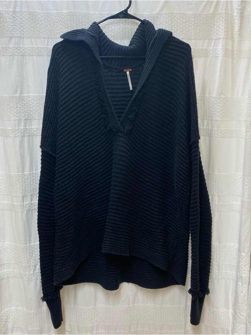 Free People gray Ribbed V-Neck Hooded Sweater